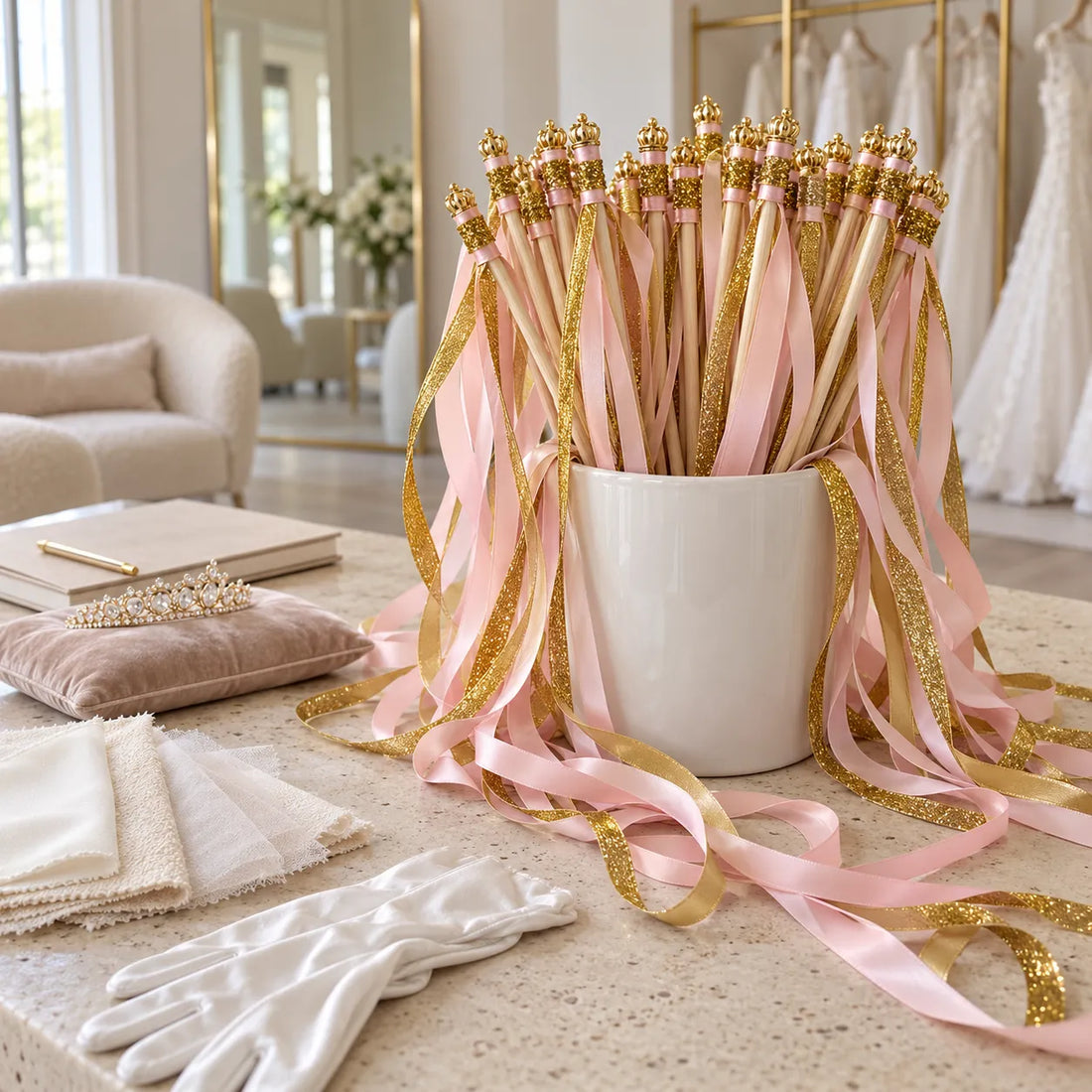 Baguette de Rubans Mariage Rose Doré Design