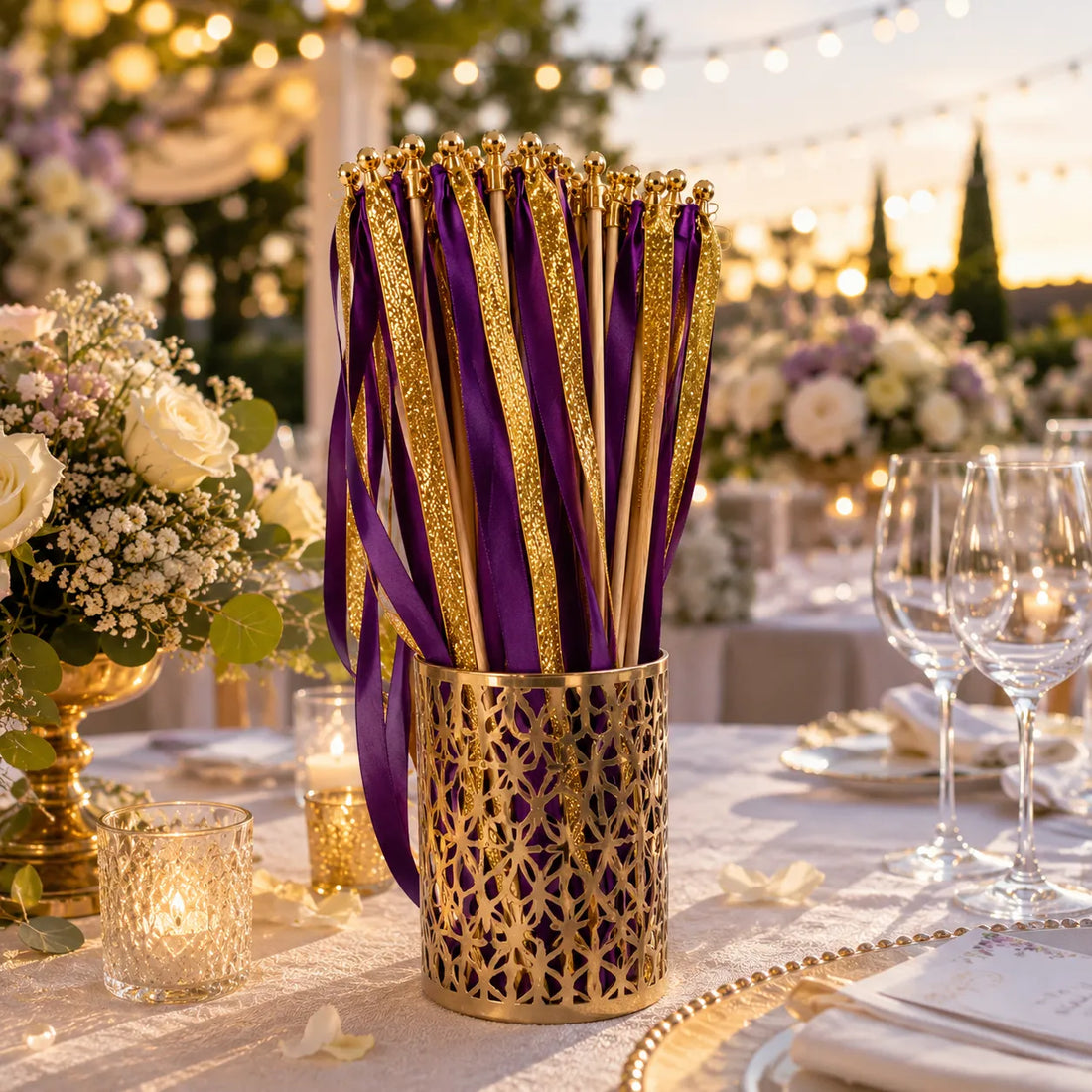 Baguette de Rubans Mariage Violet et Or