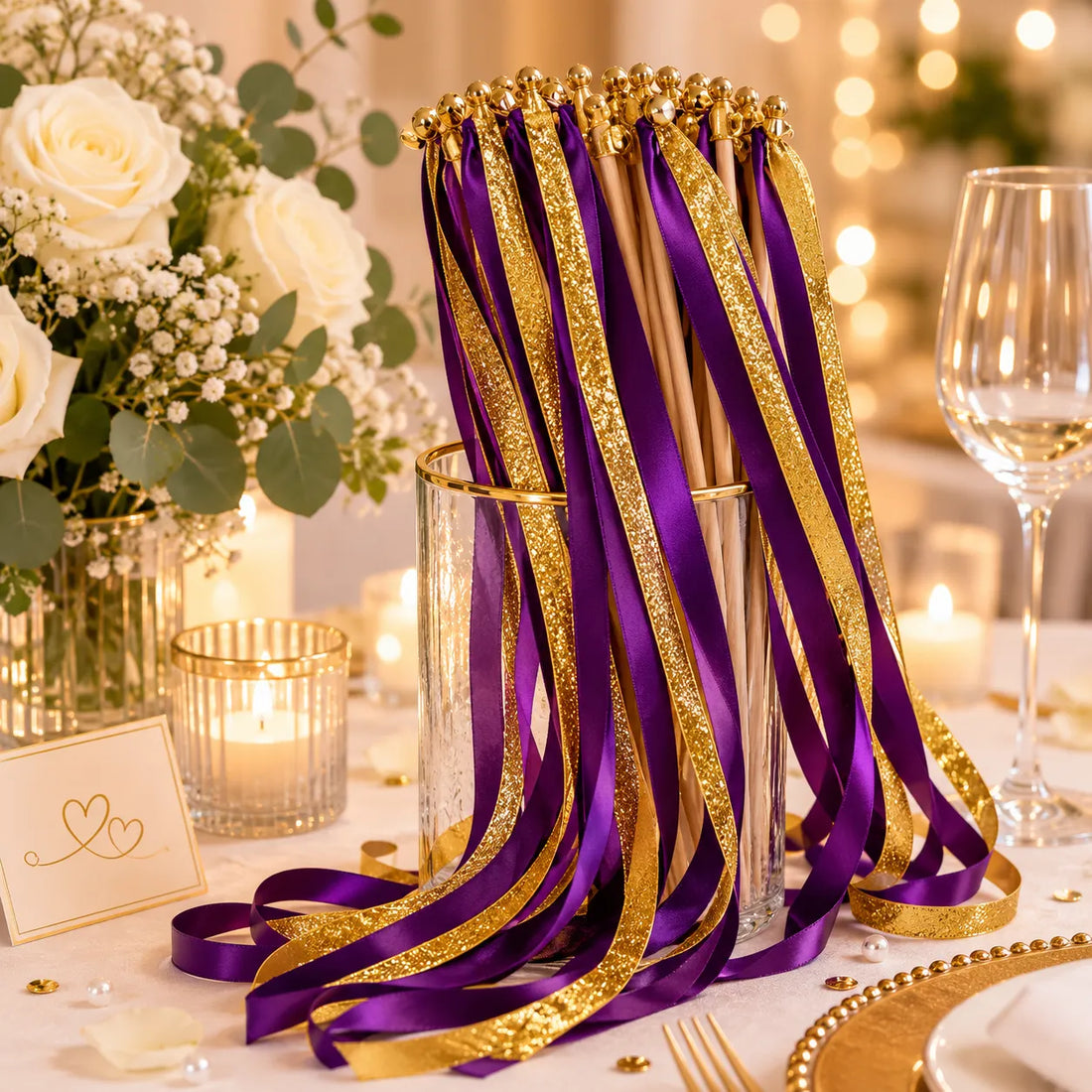 Baguette de Rubans Mariage Violet et Or Elégant