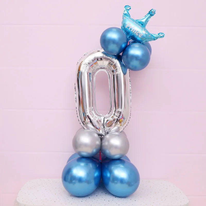 Ballon Chiffre Couronné Bleu Argenté