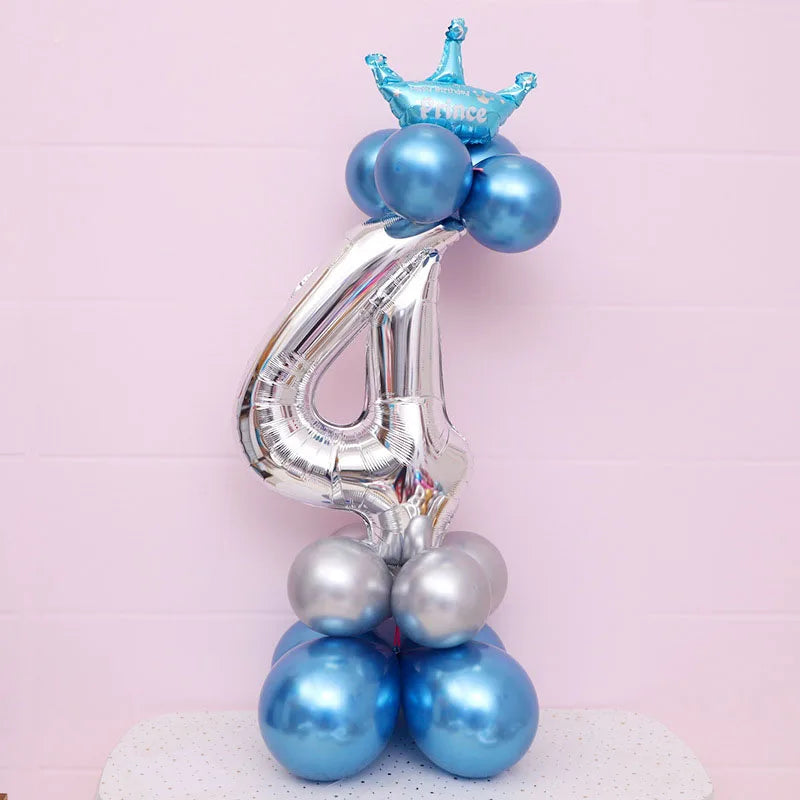 Ballon Chiffre Couronné Bleu Argenté Beau