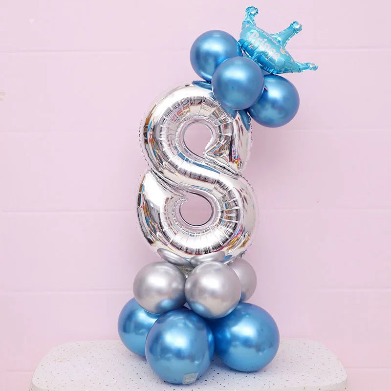 Ballon Chiffre Couronné Bleu Argenté Brillant