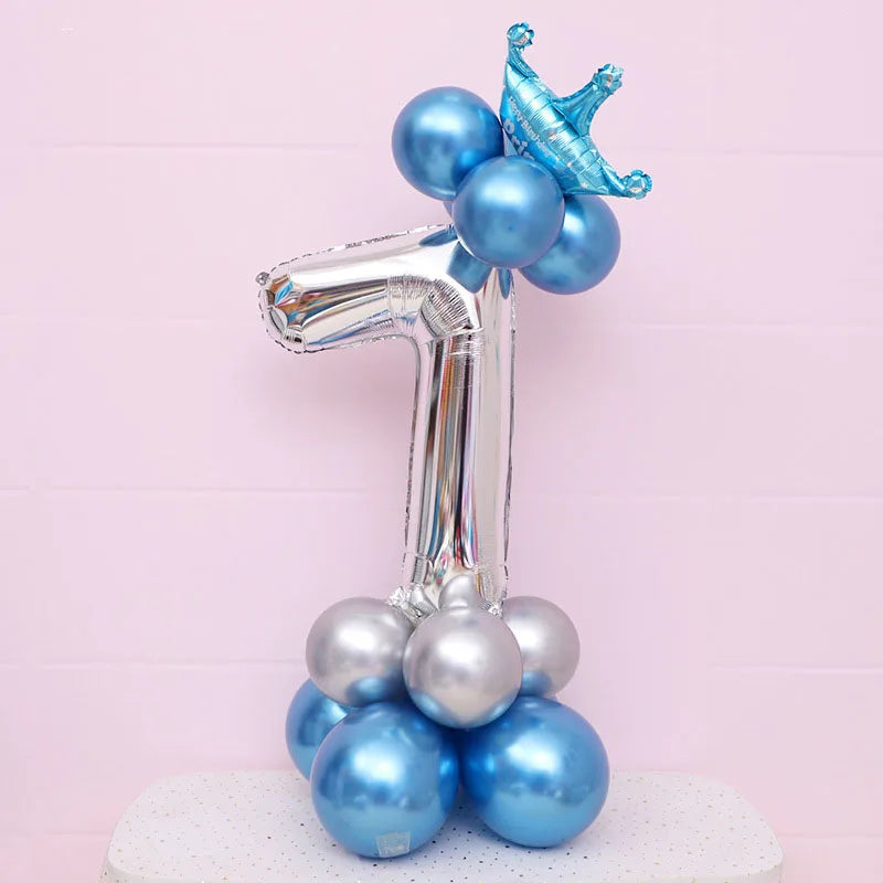Ballon Chiffre Couronné Bleu Argenté Etincellant