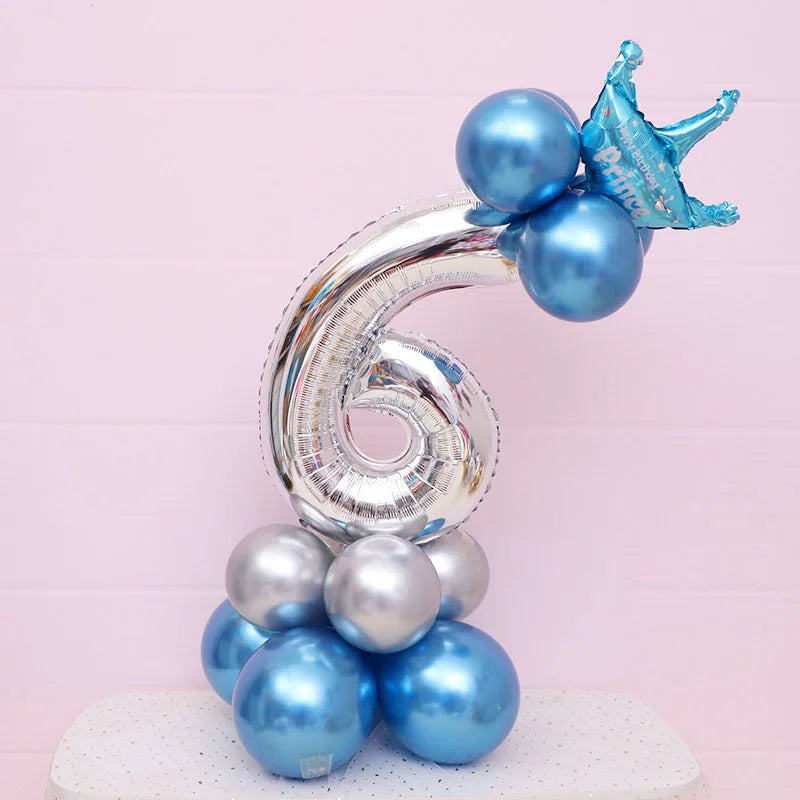 Ballon Chiffre Couronné Bleu Argenté Kawai