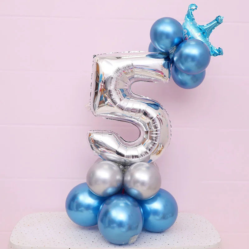 Ballon Chiffre Couronné Bleu Argenté Mignon