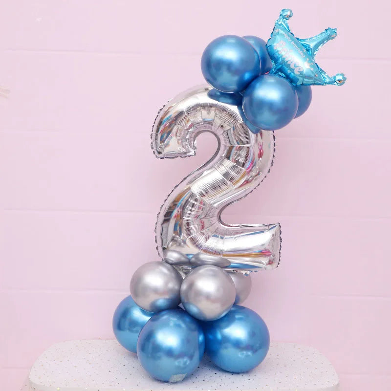 Ballon Chiffre Couronné Bleu Argenté Original