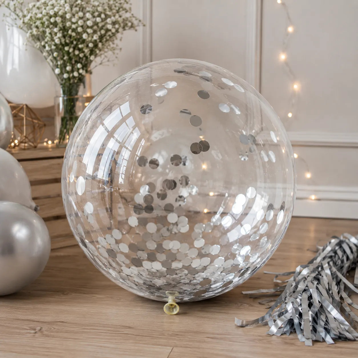Ballon XXL Transparent à Confettis Argentés Beau
