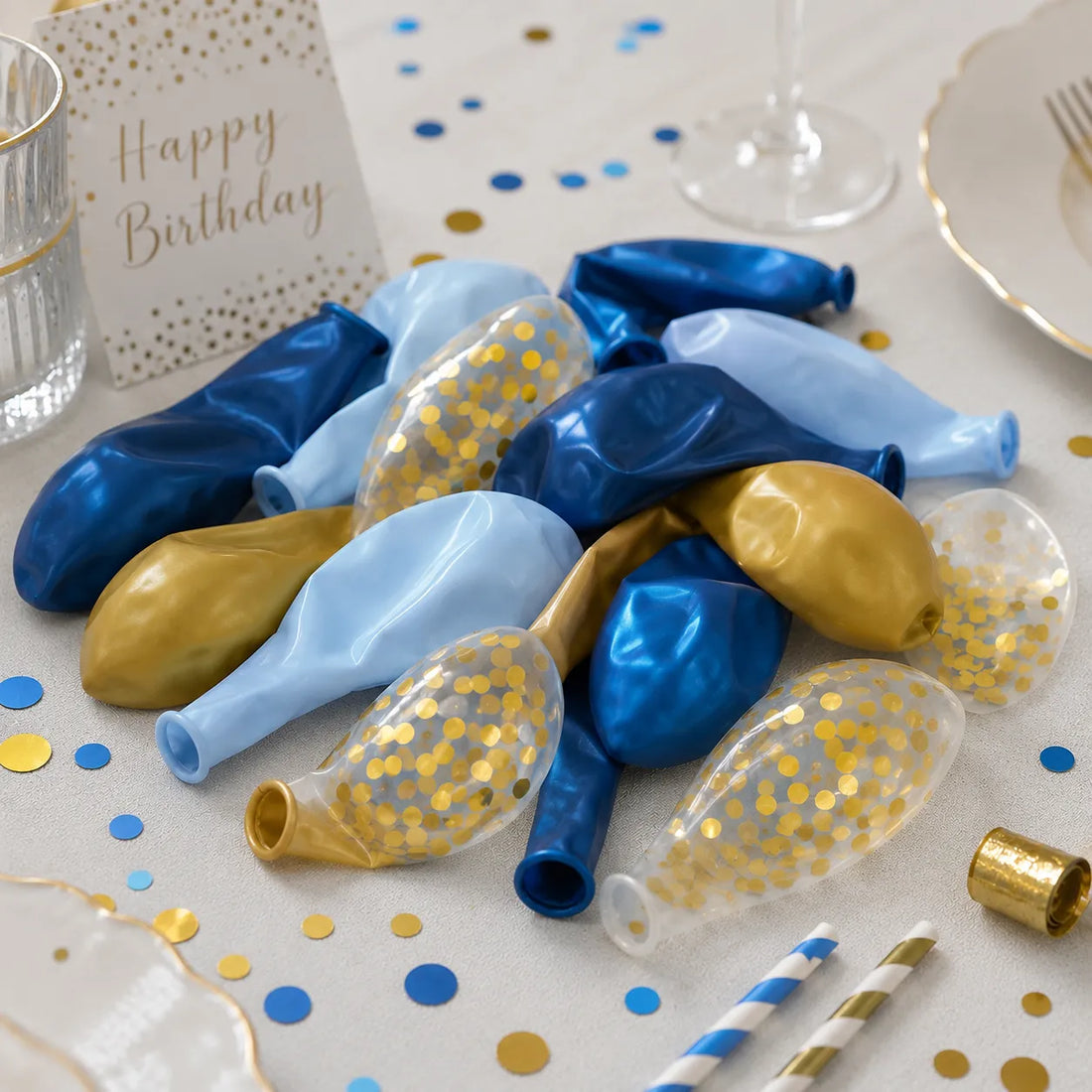 Ballons Anniversaire Latex Bleu et Doré Originaux