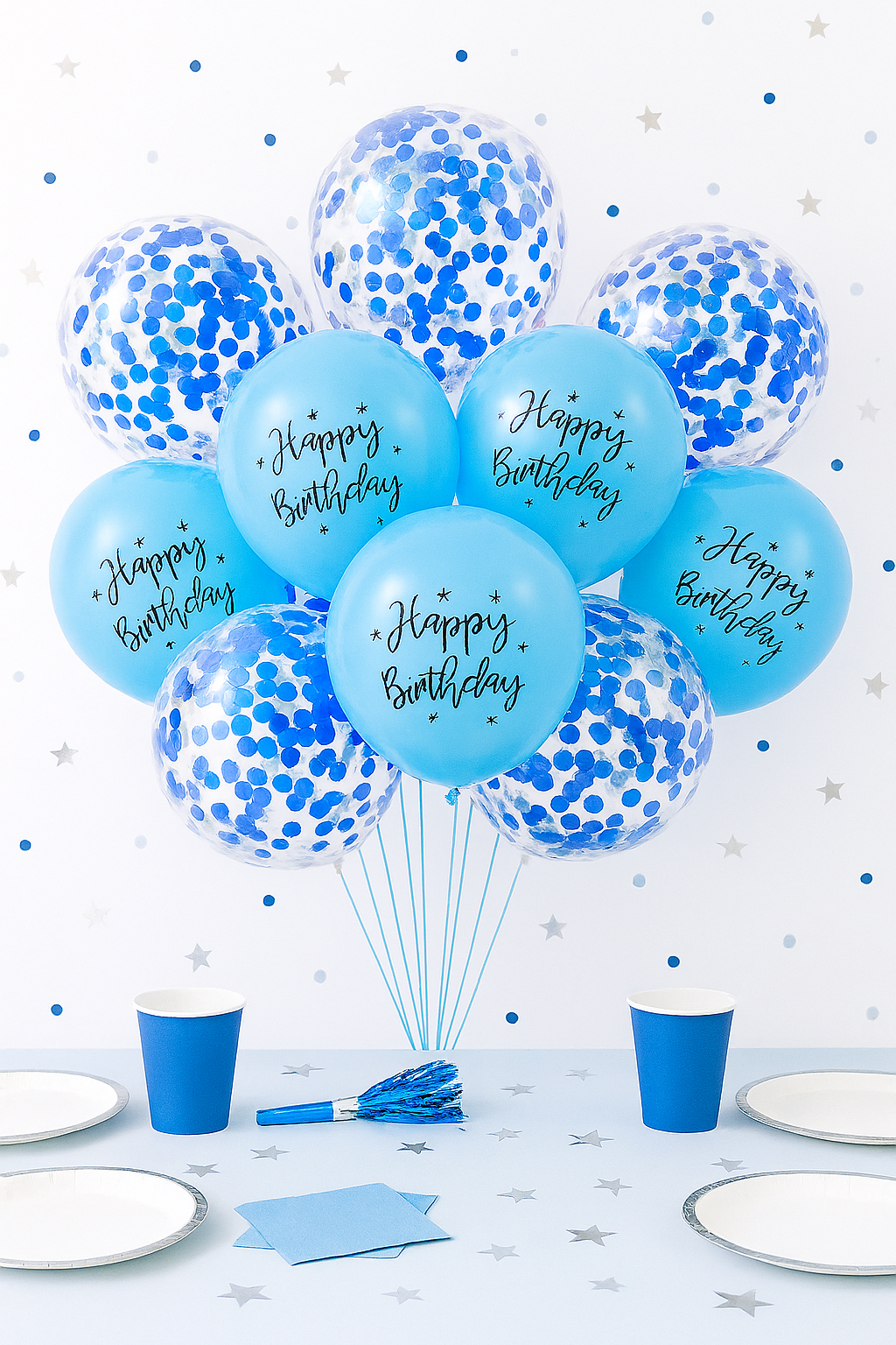 Ballons Happy Birthday à Confettis Bleus