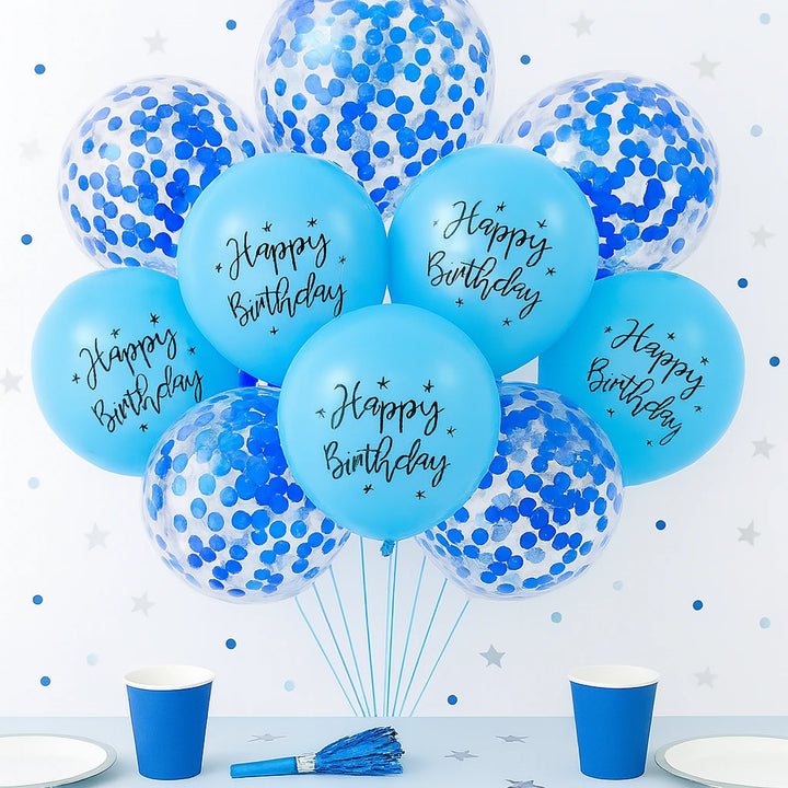 Ballons Happy Birthday à Confettis Bleus