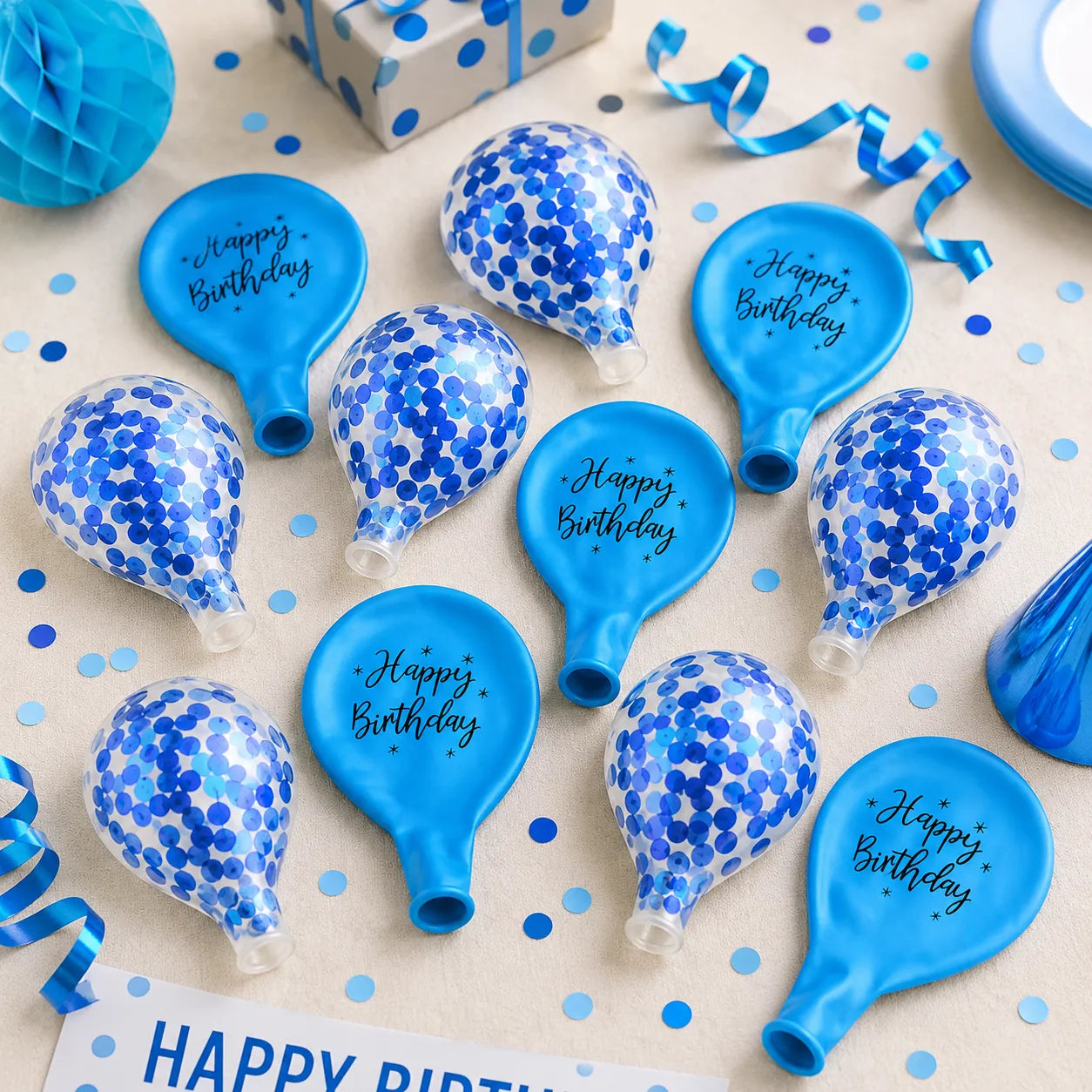 Ballons Happy Birthday à Confettis Bleus Uniques