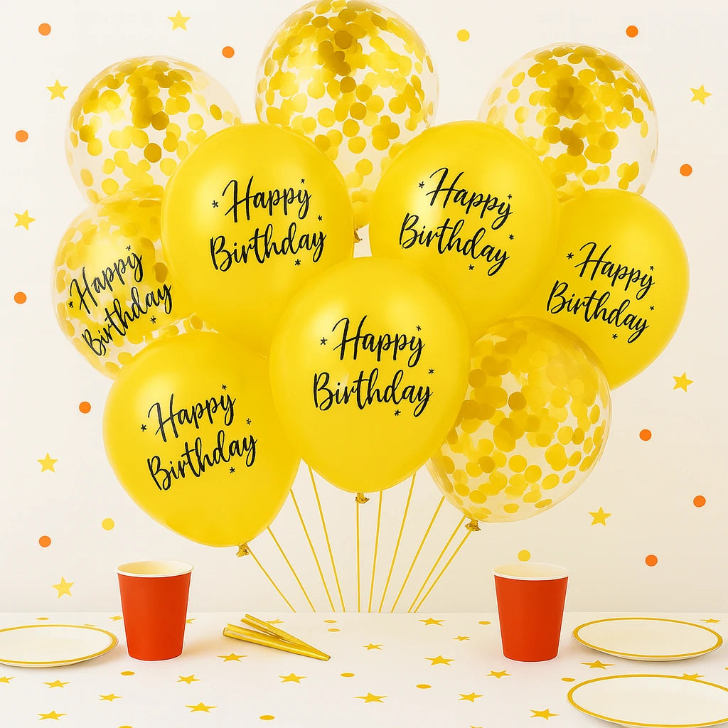 Ballons Happy Birthday à Confettis Dorés