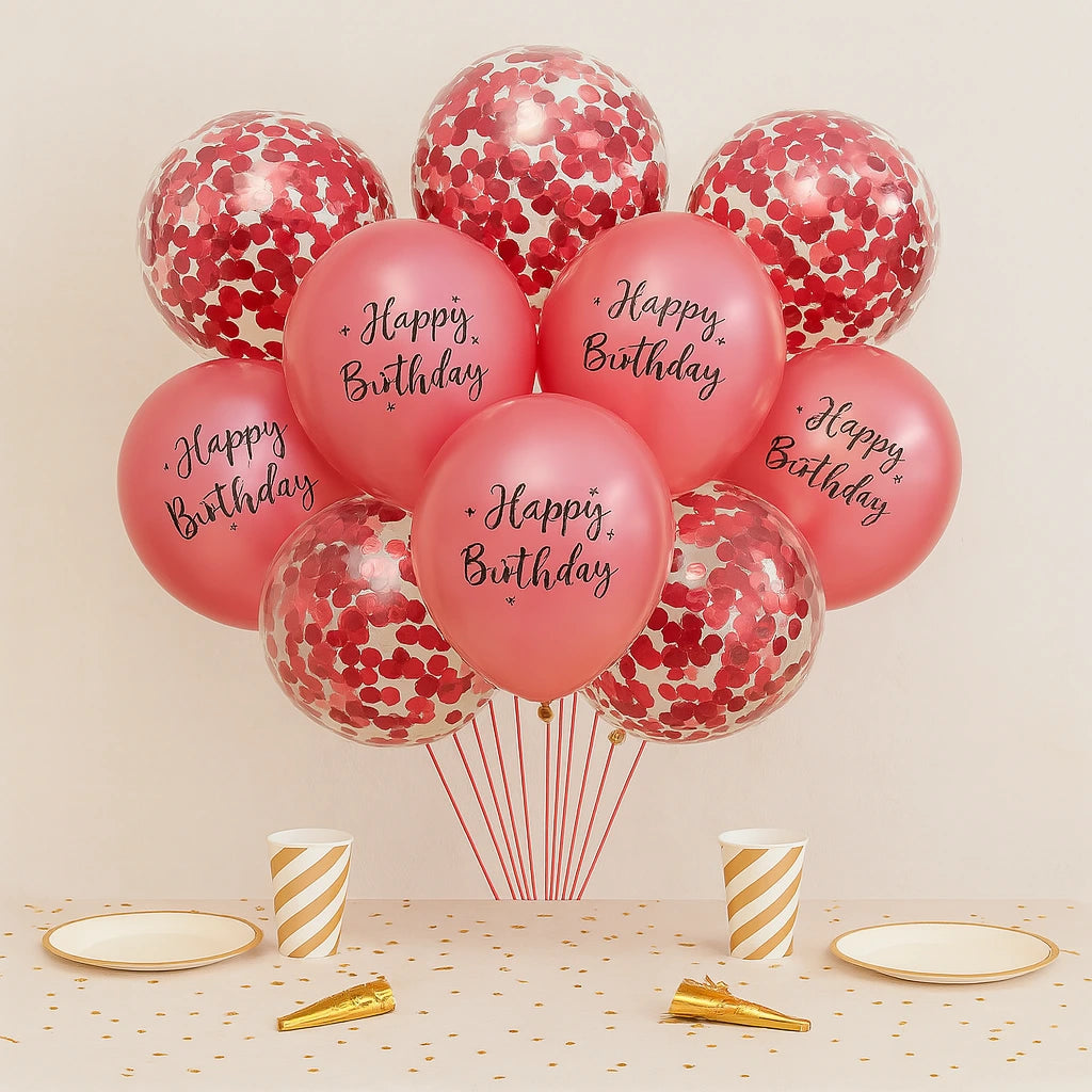 Ballons Happy Birthday à Confettis Rouges