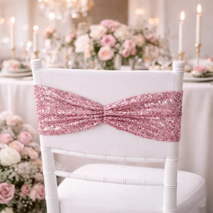 Bandeau de Chaise Mariage Rose à Sequins