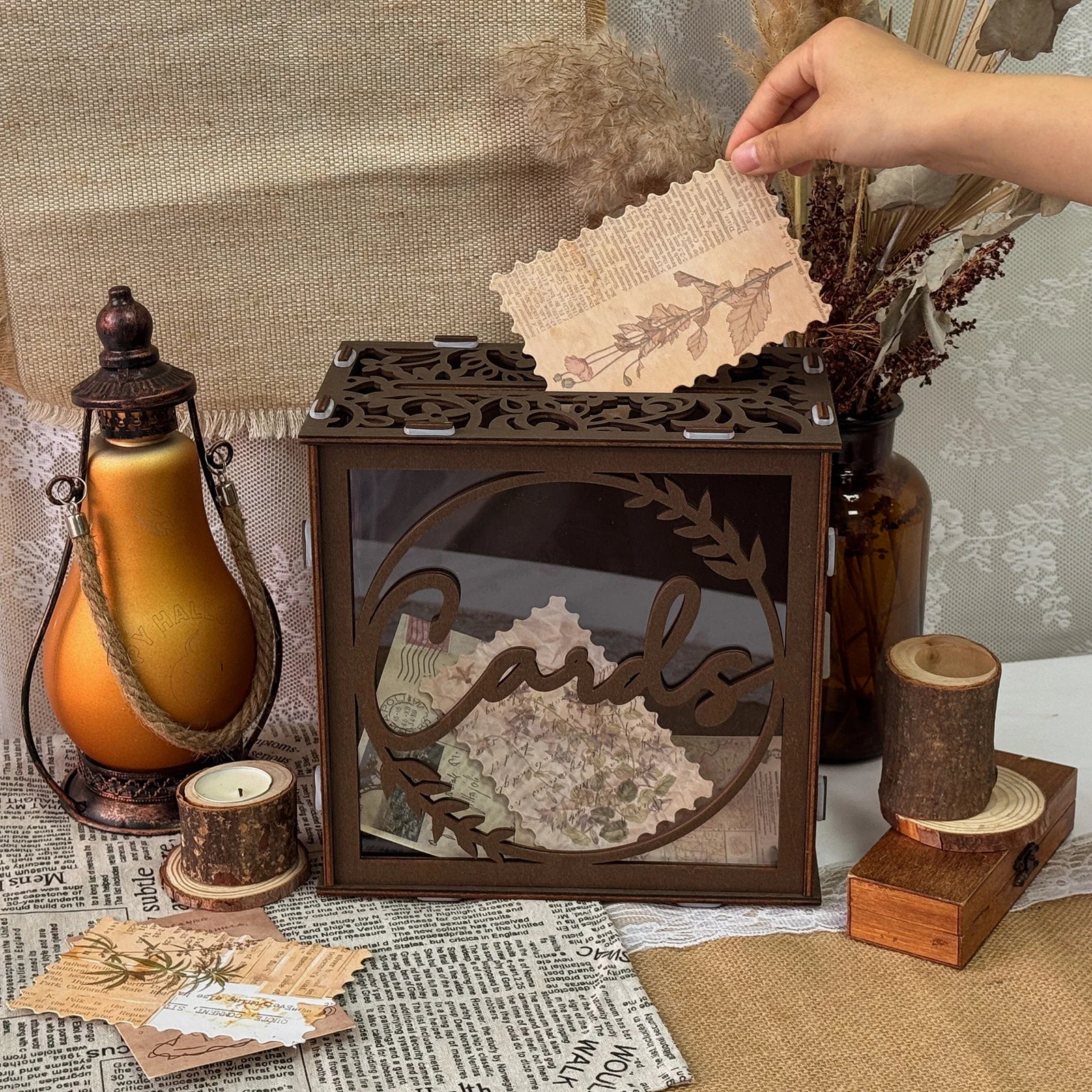 Boîte à Cartes et Enveloppes Mariage Marron Design