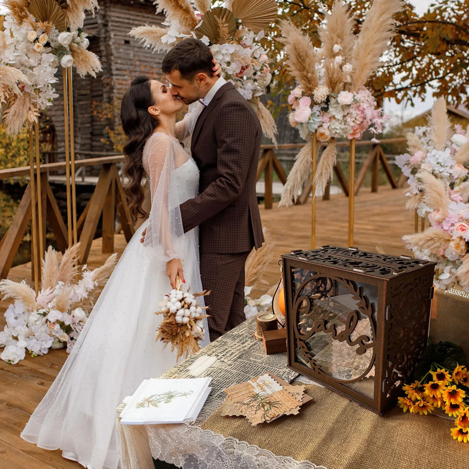 Boîte à Cartes et Enveloppes Mariage Marron Elégant