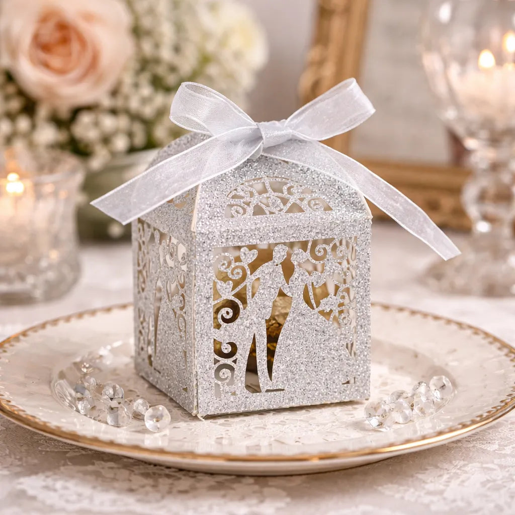 Boîte à Dragées Mariage Argentée à Paillettes