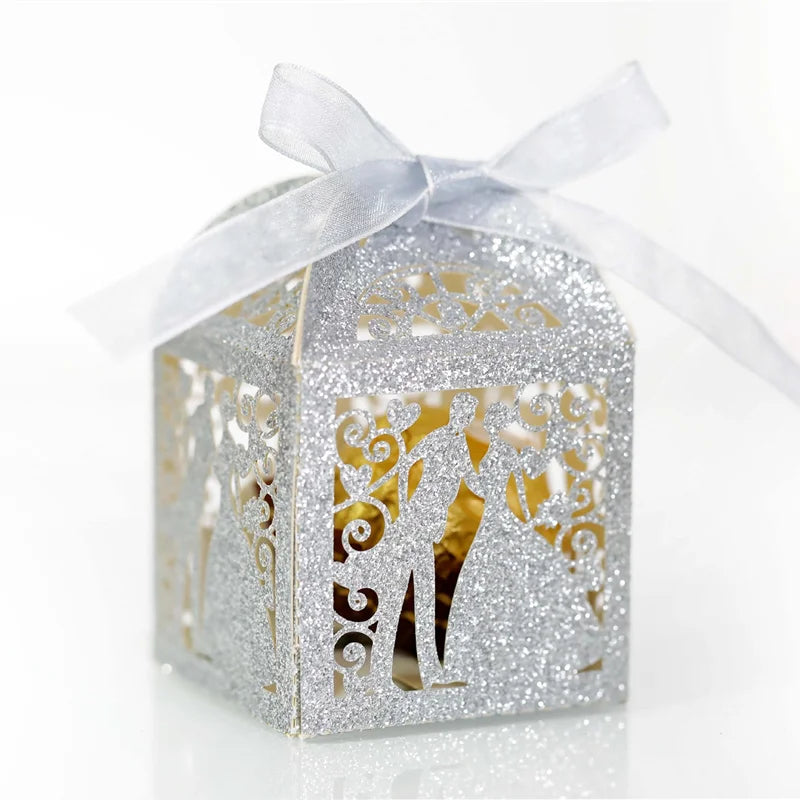 Boîte à Dragées Mariage Argentée à Paillettes Elégant