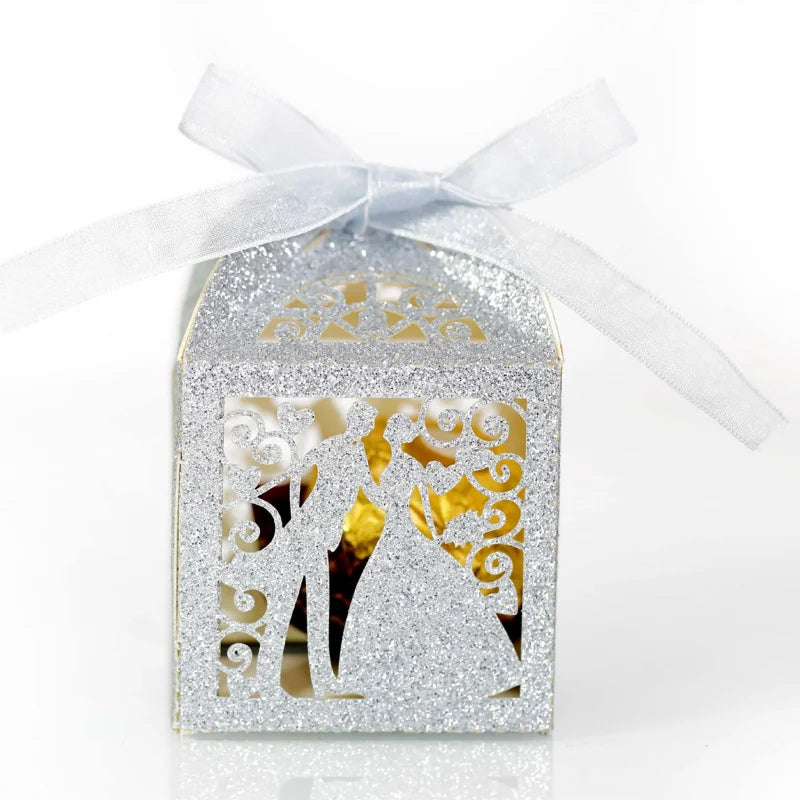 Boîte à Dragées Mariage Argentée à Paillettes Minimaliste