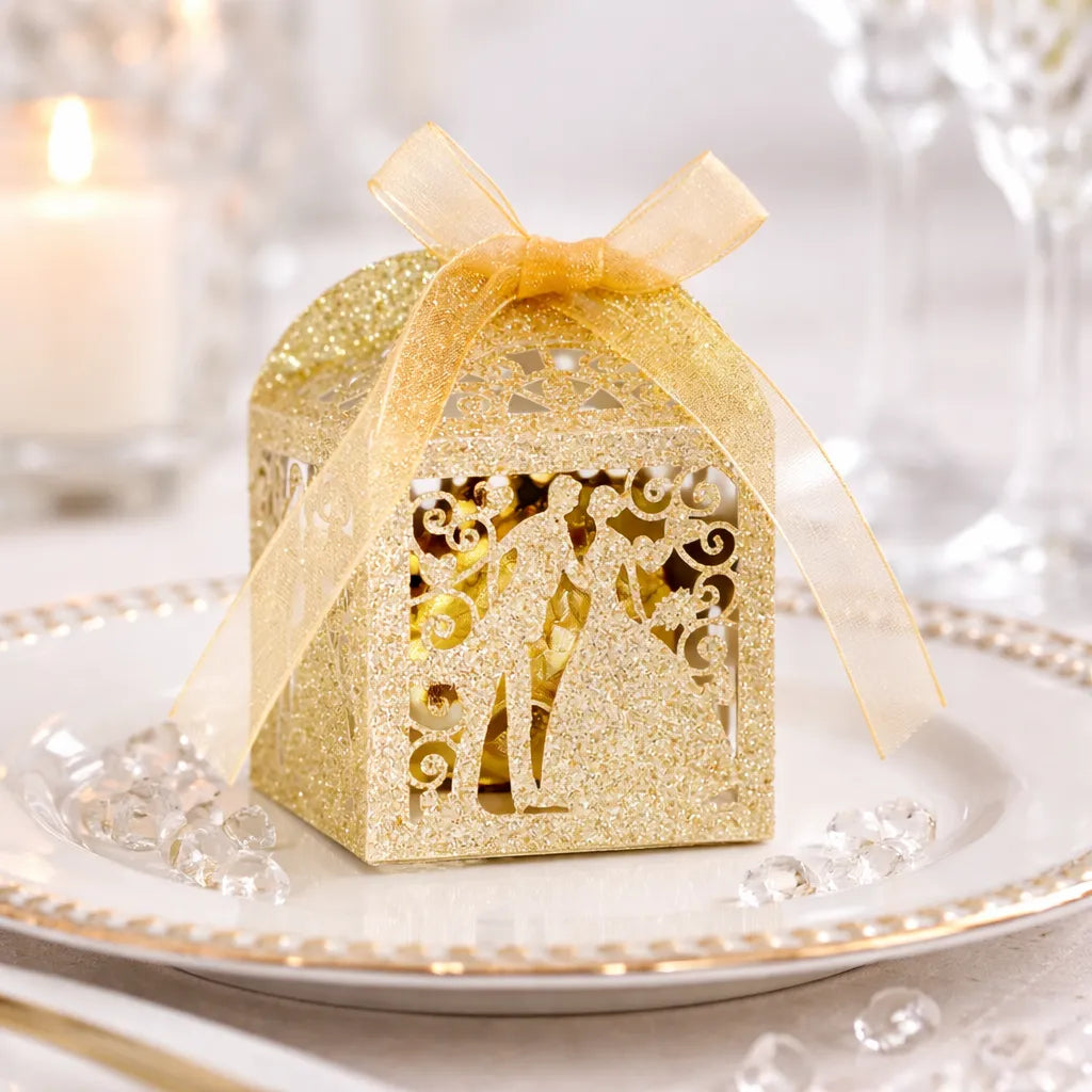 Boîte à Dragées Mariage Dorée Pailletée