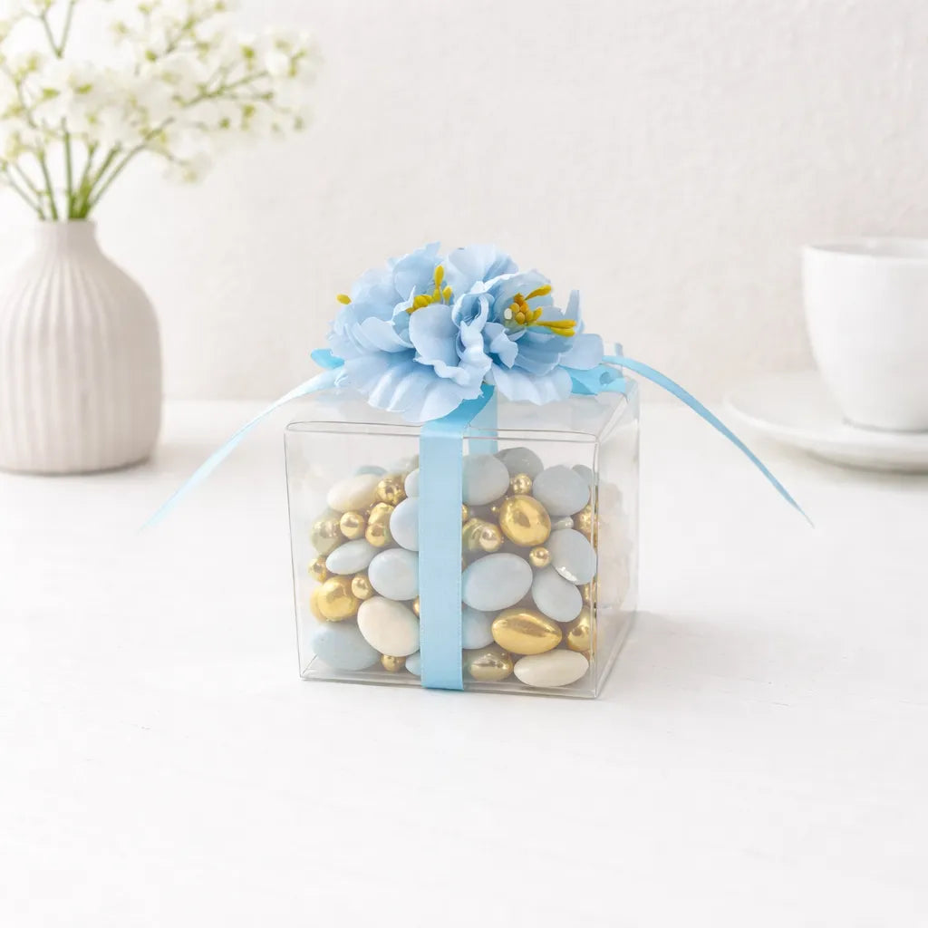 Boîte à Dragées Transparente à Ruban Bleu
