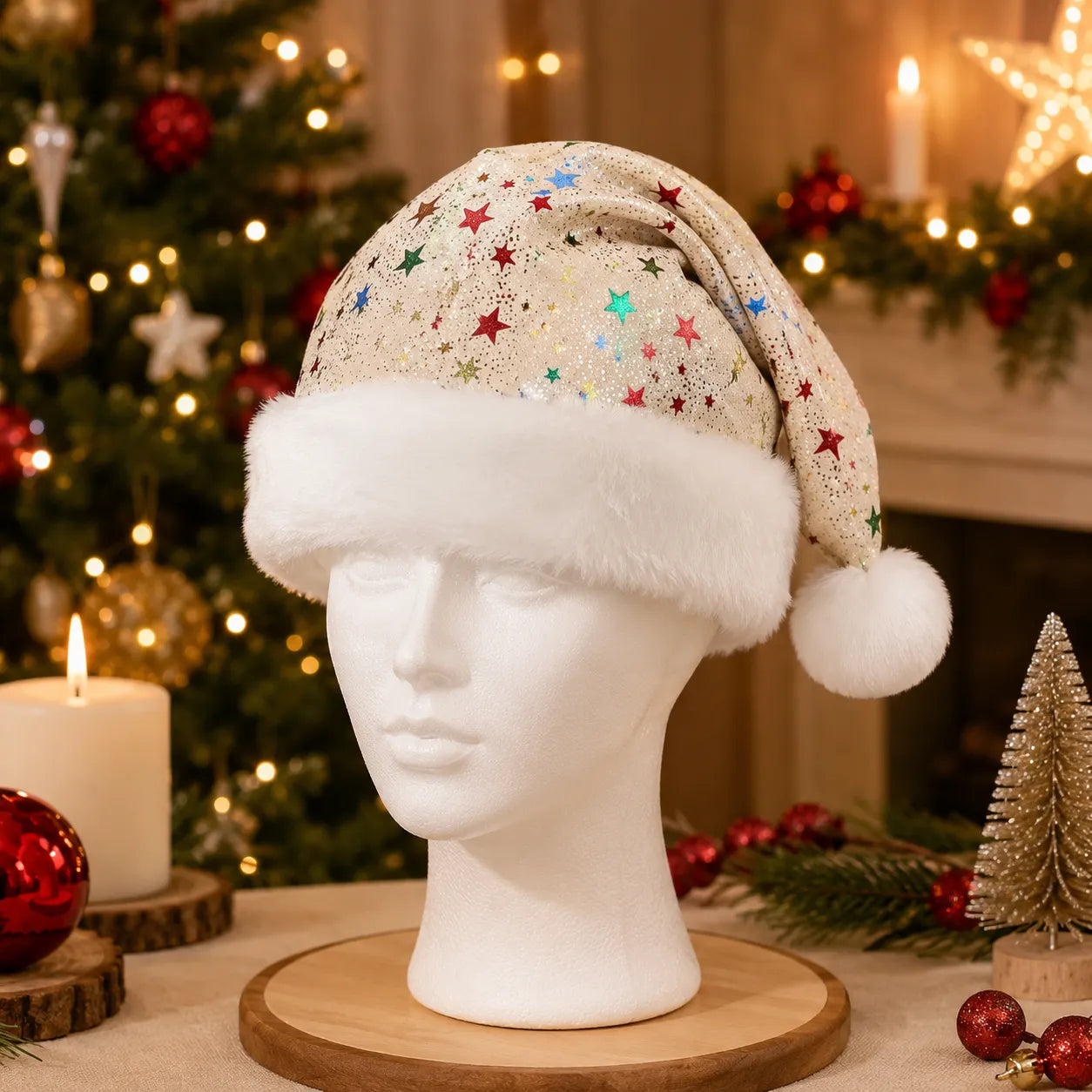 Bonnet de Noël Beige à Etoiles design