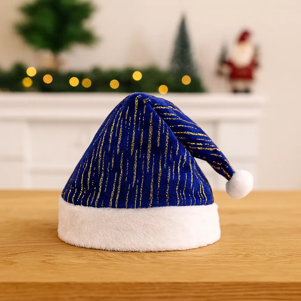 Bonnet de Noël Bleu à Motifs Dorés
