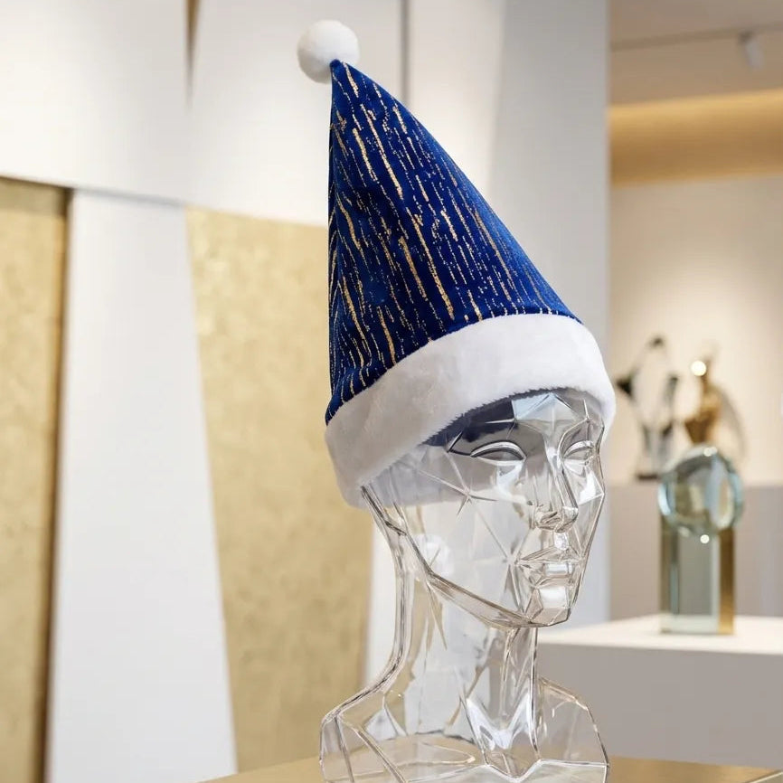 Bonnet de Noël Bleu à Motifs Dorés Chic