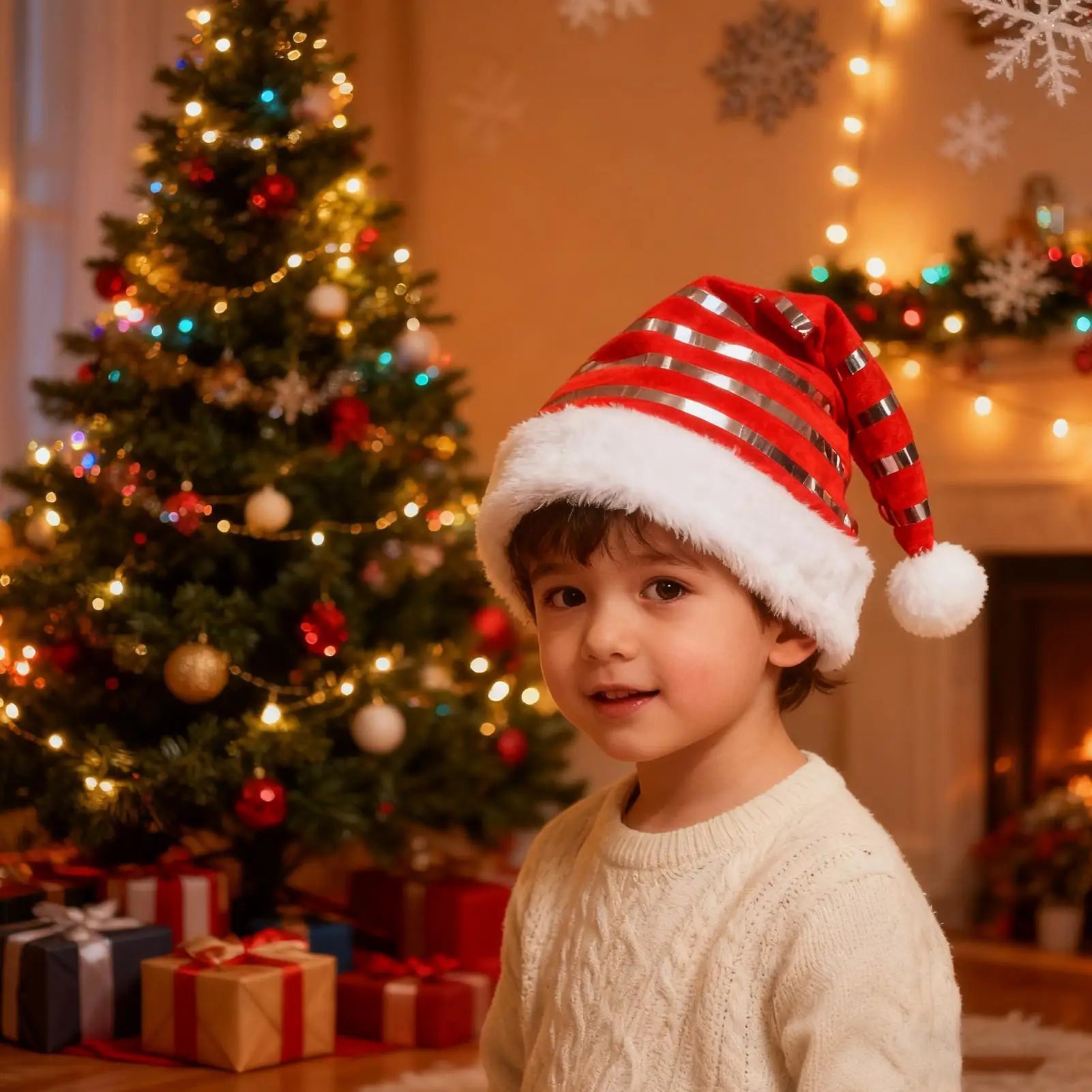 Bonnet de Noël Rouge Rayé en Velours tendance