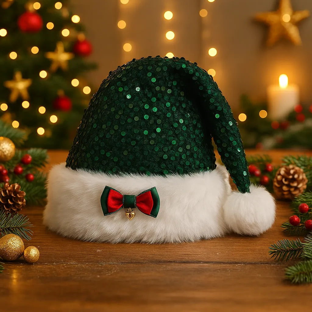 Bonnet de Noël Vert Pailleté à Nœud 