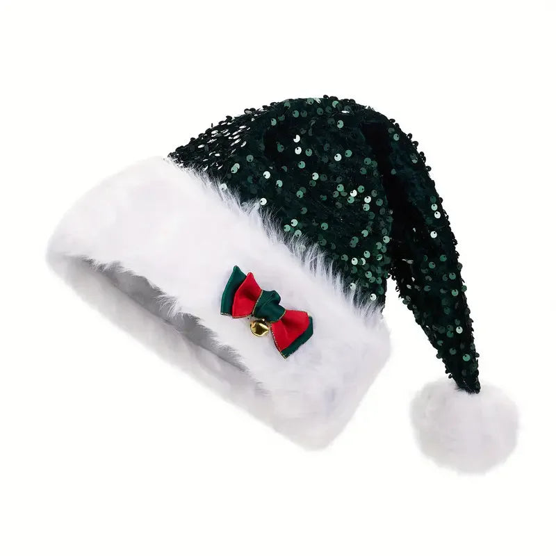 Bonnet de Noël Vert Pailleté à Nœud Design