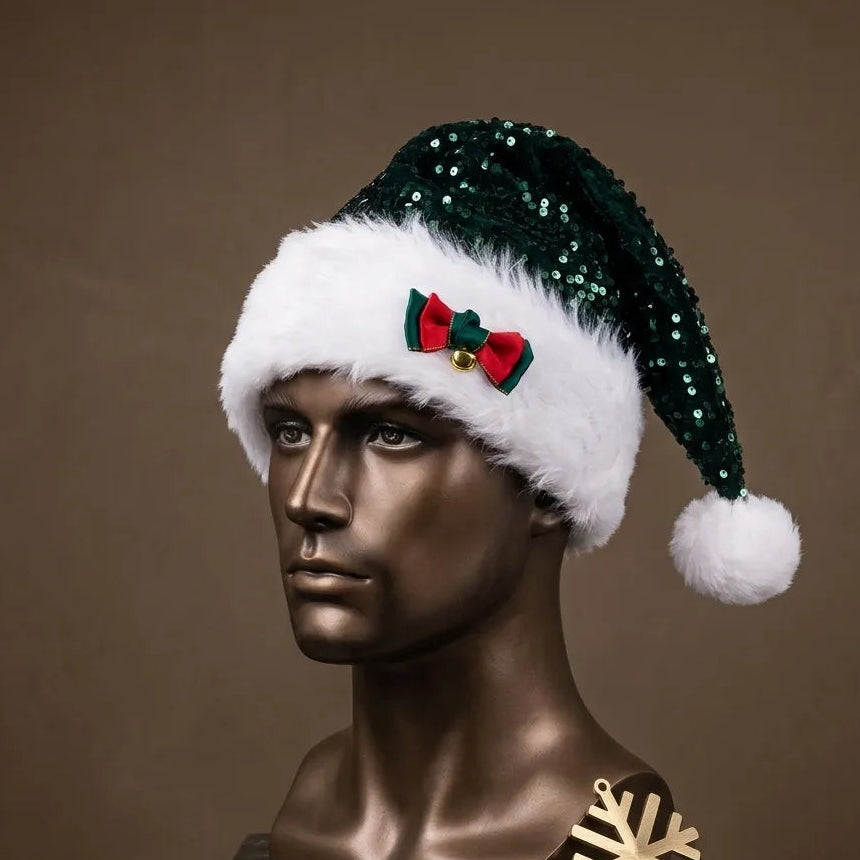 Bonnet de Noël Vert Pailleté à Nœud Unique