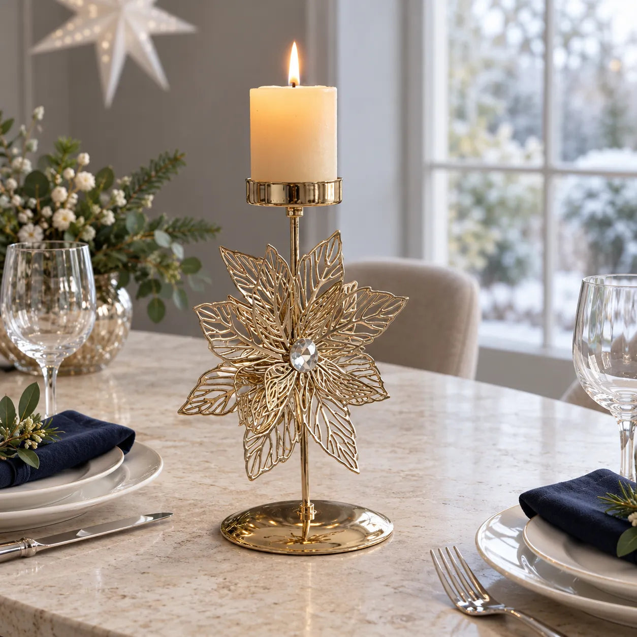 Bougeoir en Métal Fleur de Noël luxe