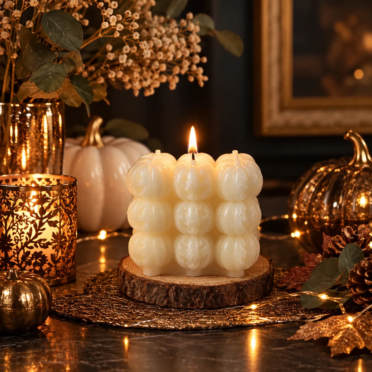 Bougie Cube de Citrouilles Blanches Halloween unique