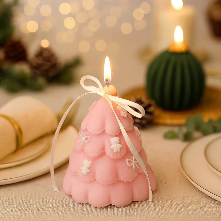 Bougie Décorative Sapin Rose à Nœuds