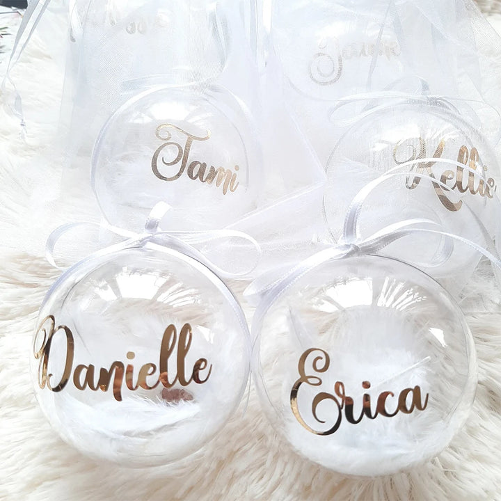 Boule Transparente à Plumes Blanches Personnalisable