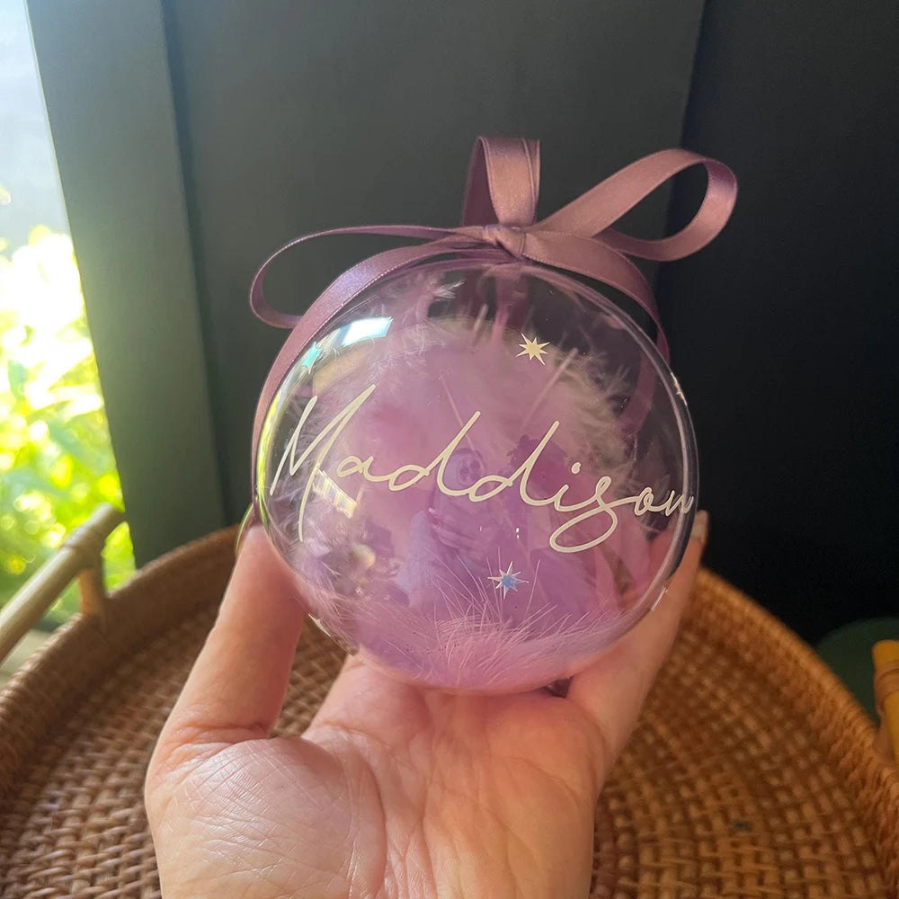 Boule Transparente à Plumes Violettes Personnalisable