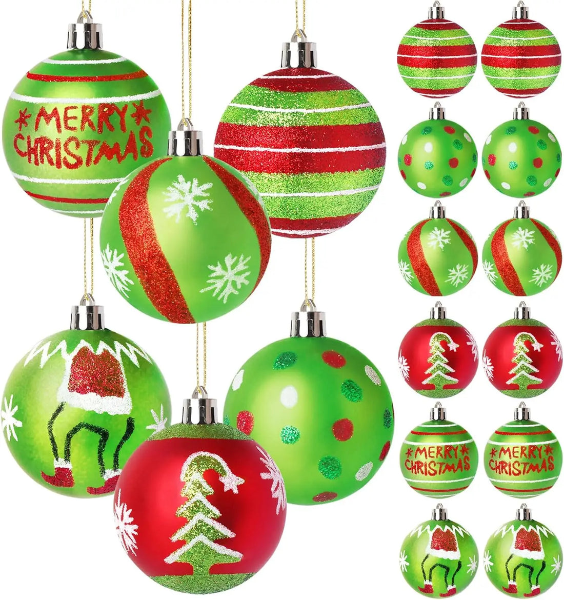 Boules de Noël Décorées Rouge et Vert Scintillantes Uniques
