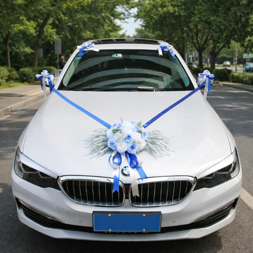 Bouquet Floral Bleu à Ruban Voiture Mariage