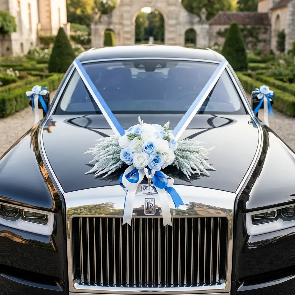 Bouquet Floral Bleu à Ruban Voiture Mariage Majestueux
