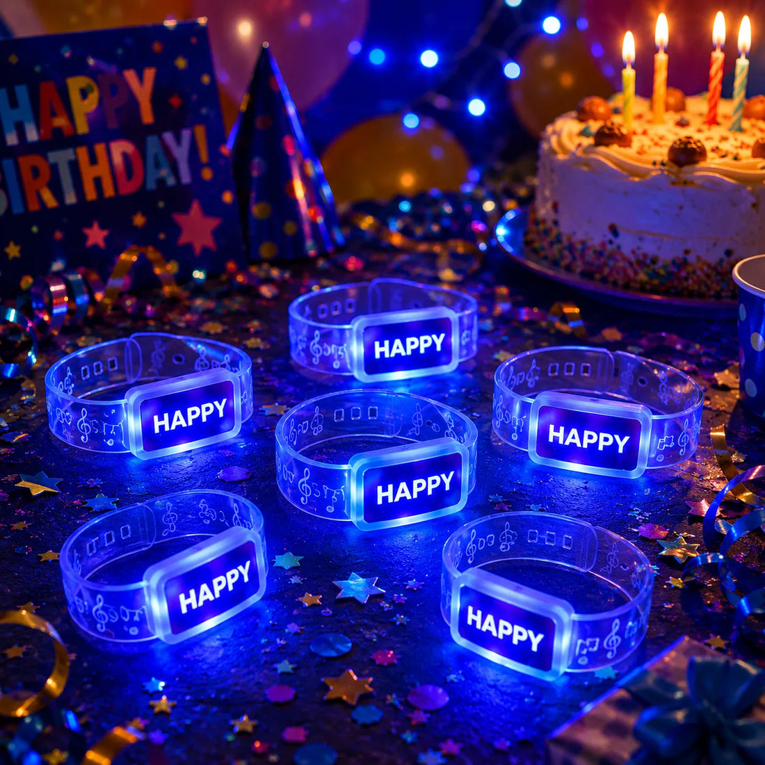 Bracelet Festif Lumineux Happy Bleu joyeux