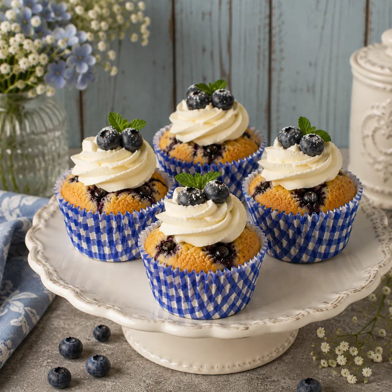 Caissette à Cupcake Carreaux Bleu Rétro