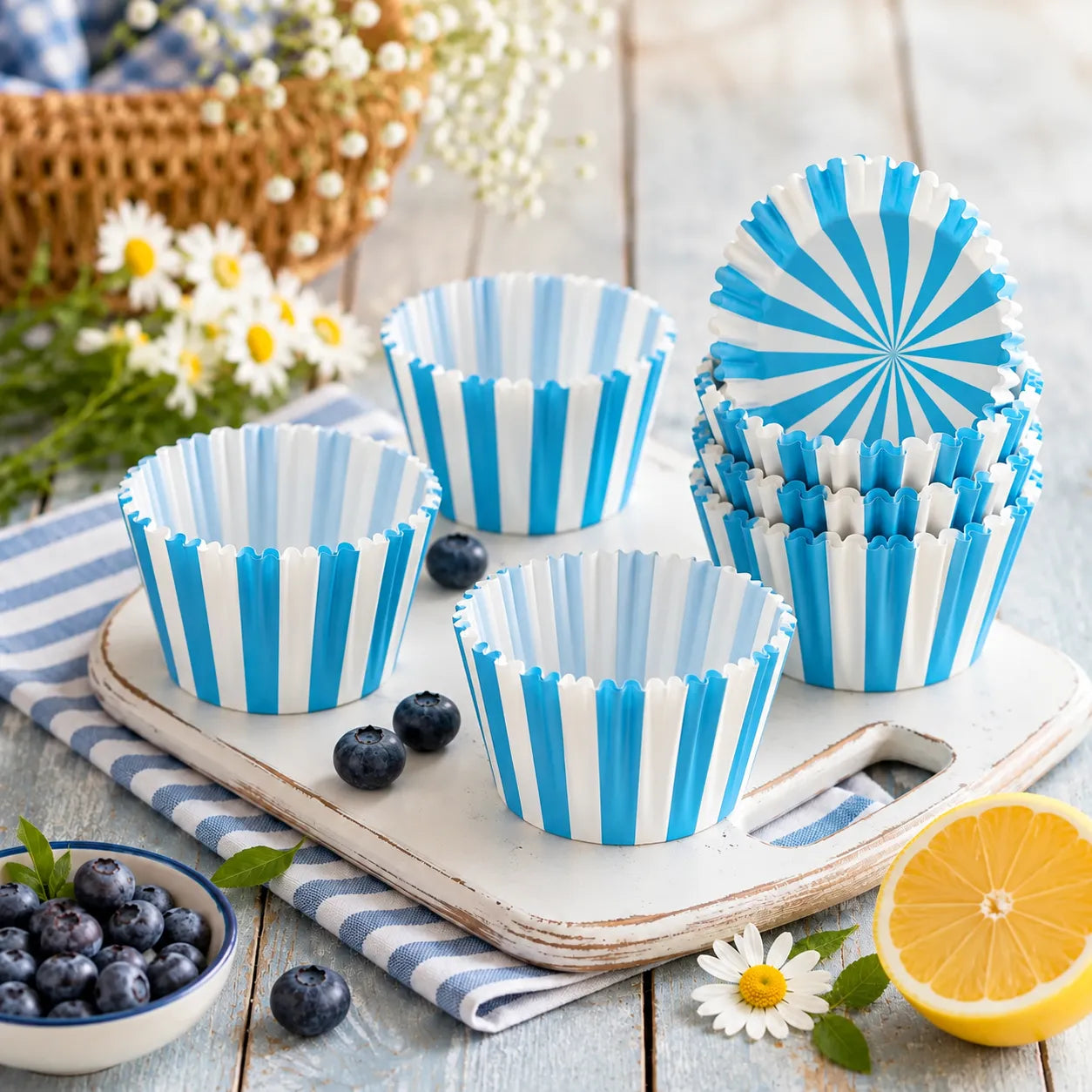 Caissette à Cupcake à Rayures Bleues marin