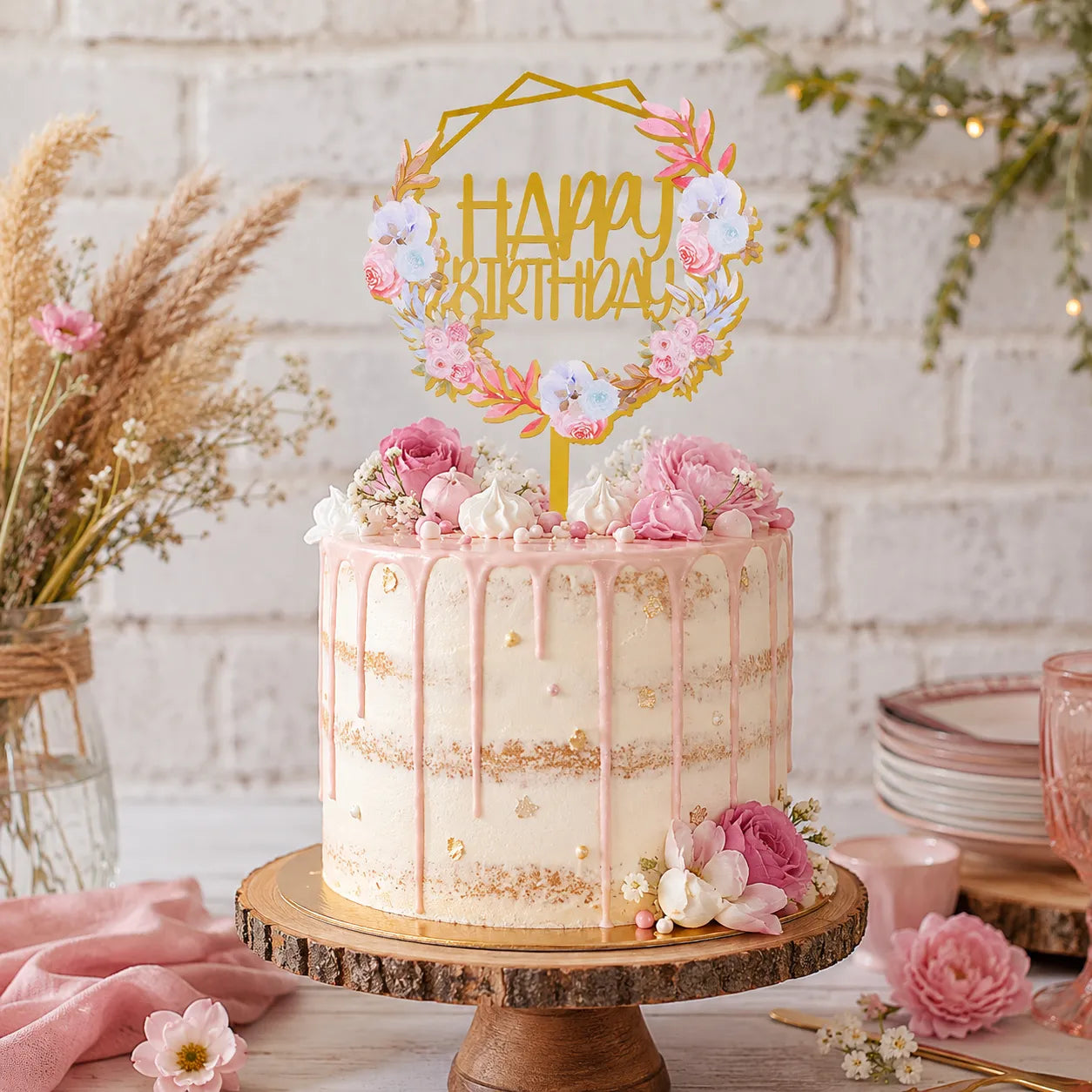 Cake Topper Anniversaire Fleuri Unique