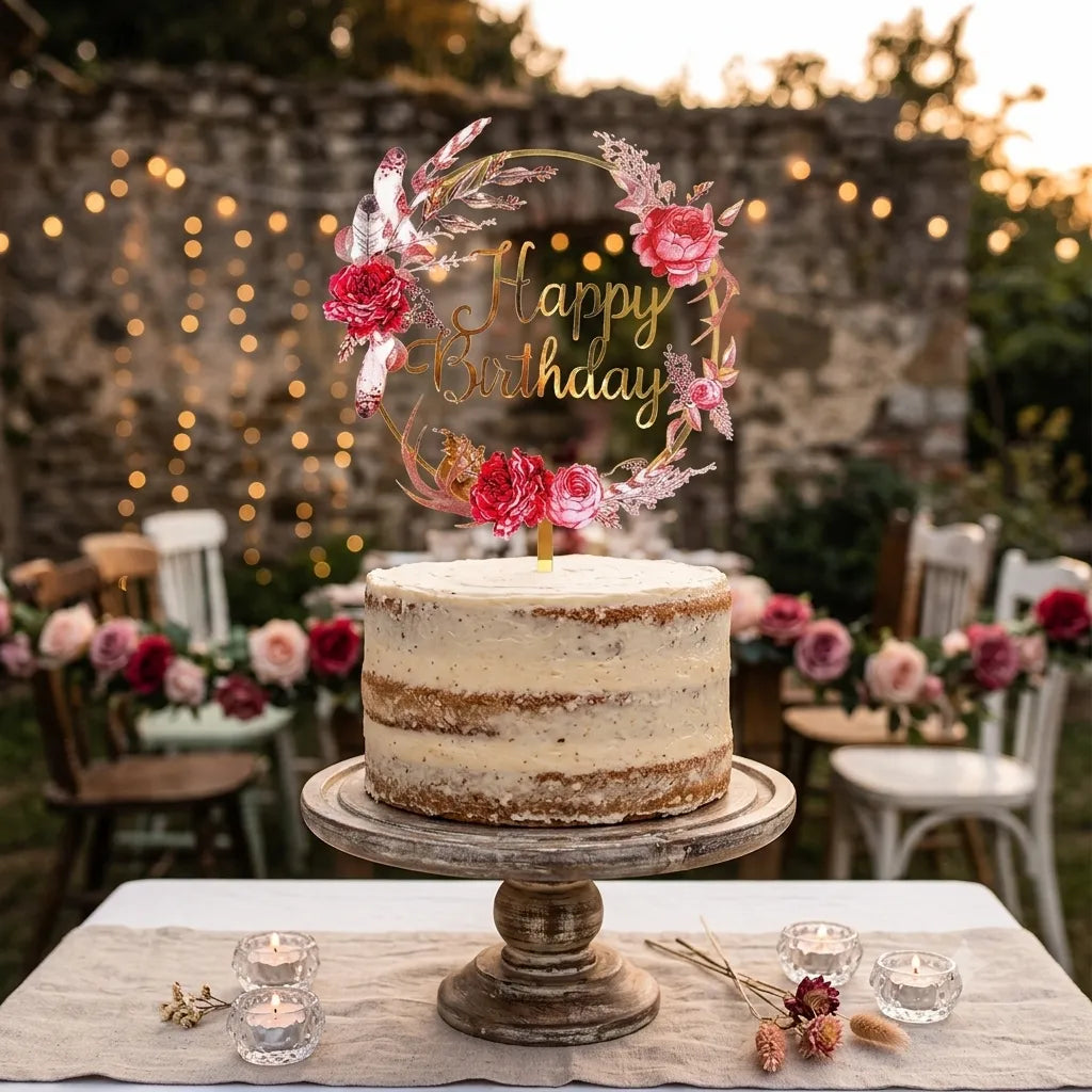 Cake Topper « Happy Birthday » Fleurs Rouges Légère