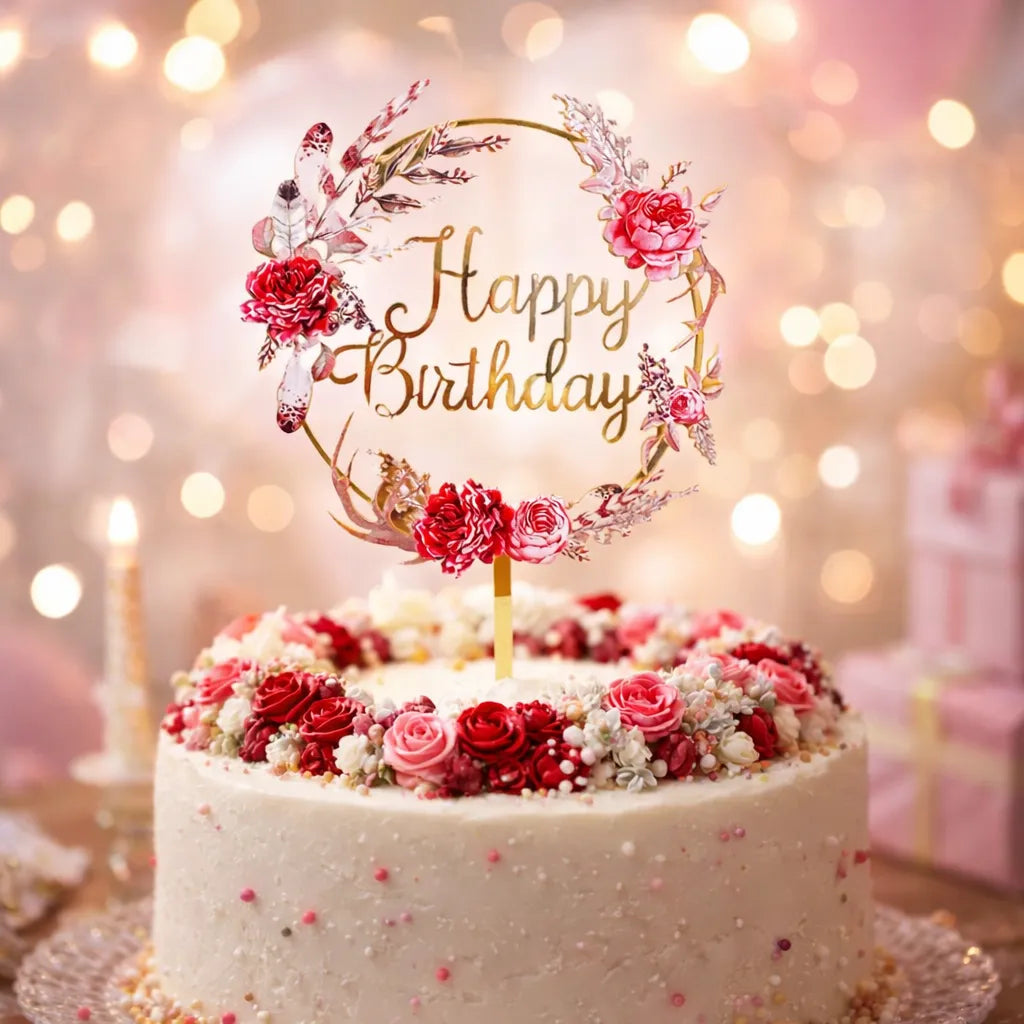 Cake Topper « Happy Birthday » Fleurs Rouges Unique