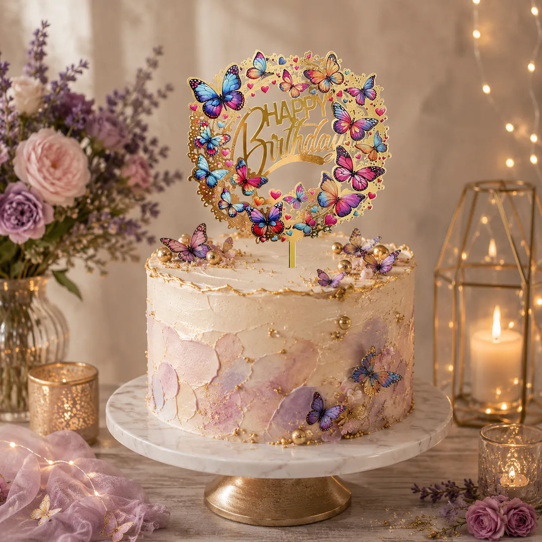 Cake Topper Happy Birthday Papillons Colorés
