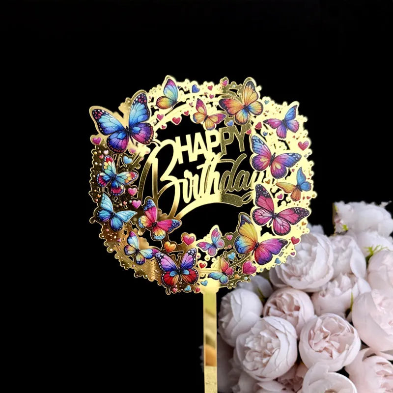 Cake Topper Happy Birthday Papillons Colorés Chic