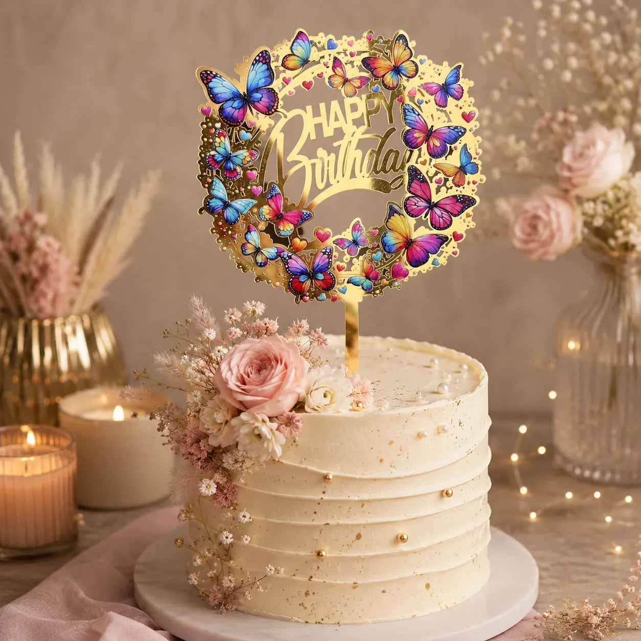 Cake Topper Happy Birthday Papillons Colorés Unique