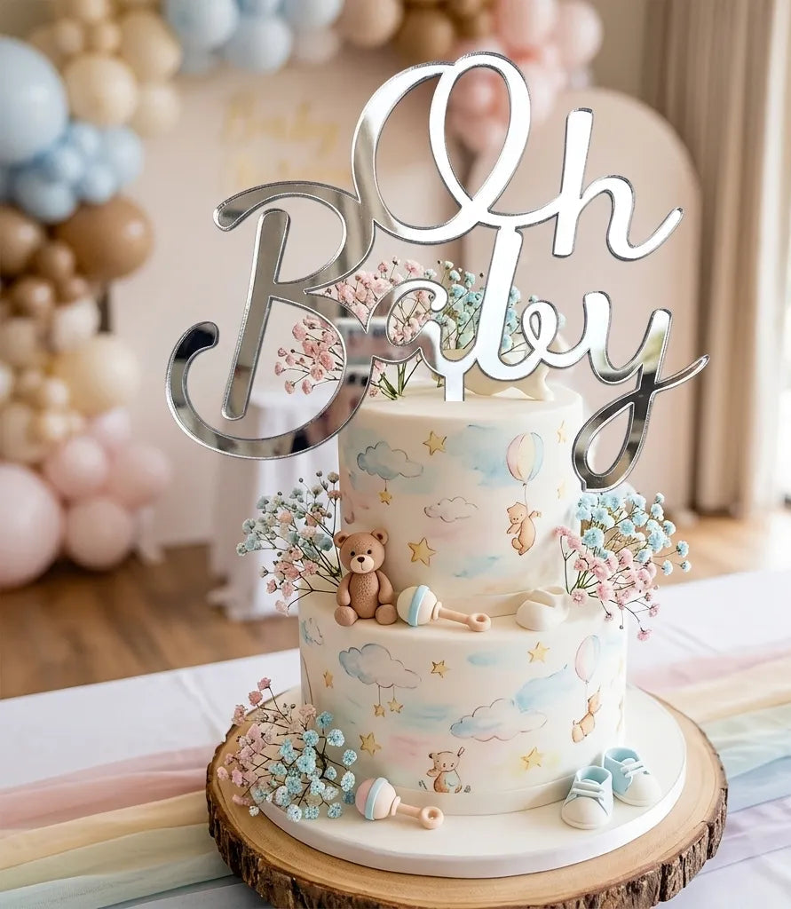 Cake Topper Oh Baby Argenté Léger